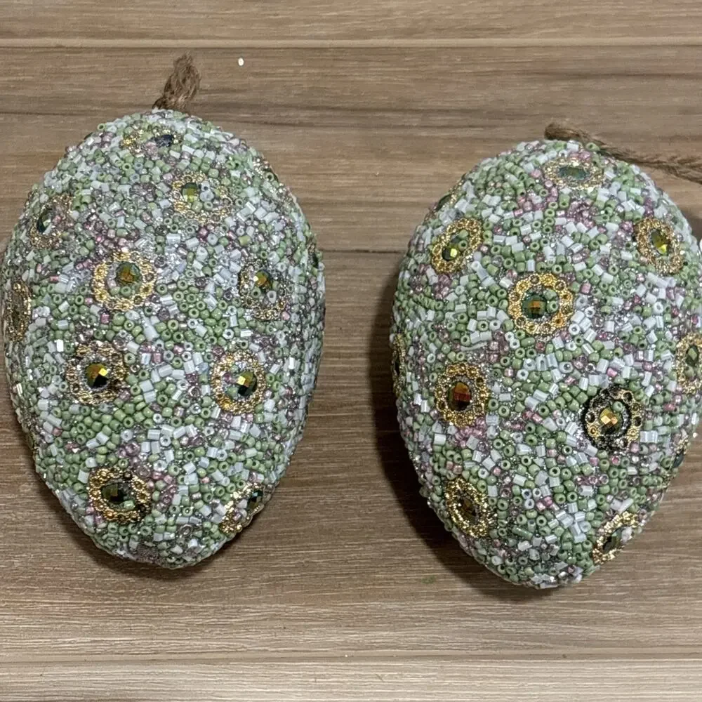 Pottery Barn Large Easter Beaded Ornament Egg Set Of 2 Mint Green Pink Gold